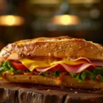 A fresh baguette sandwich filled with ham, cheese, lettuce, tomatoes, and mustard on a wooden cutting board