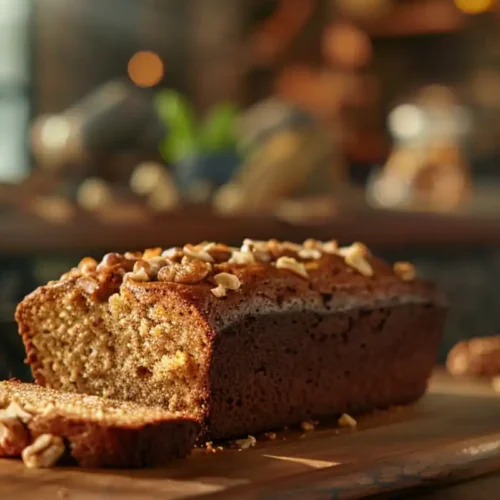 Banana Bread Recipe – A freshly baked loaf of banana bread on a wooden cutting board with slices revealing its moist texture