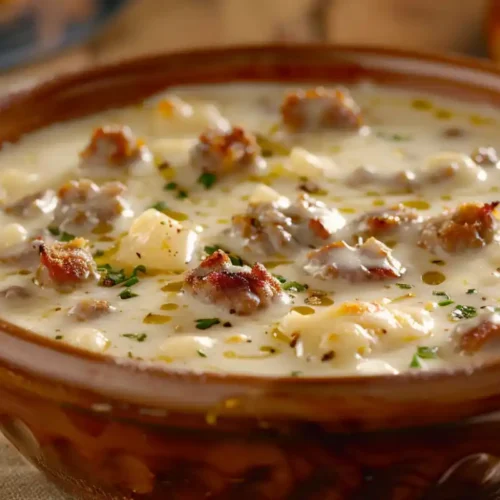 A bowl of creamy Parmesan Italian sausage soup garnished with fresh herbs and grated Parmesan