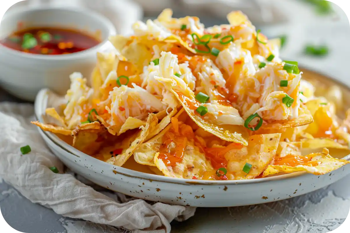 A plate of crispy Crab Rangoon Potato Chips topped with creamy crab filling, garnished with green onions and sesame seeds