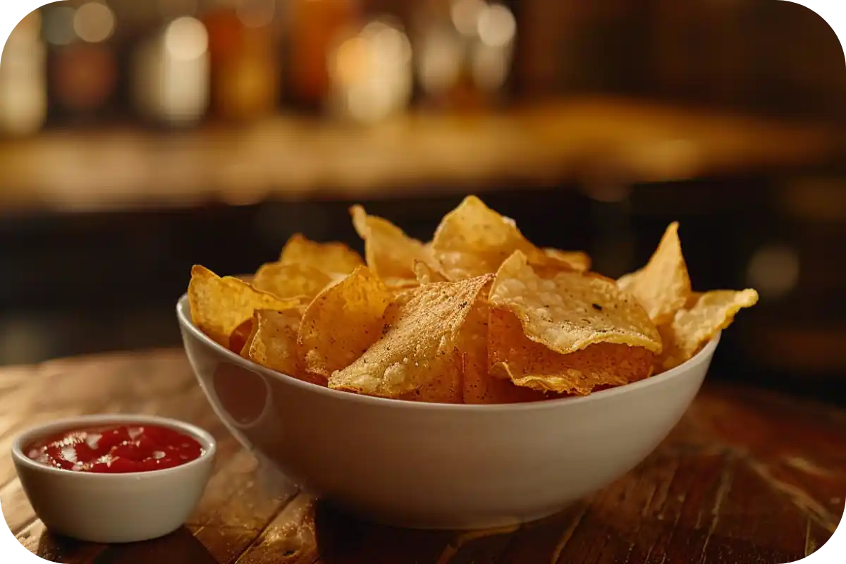 A bowl of freshly made golden crispy potato chips on a rustic wooden table