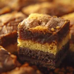 A freshly baked brookie with a gooey brownie layer and a golden cookie top, cut into squares
