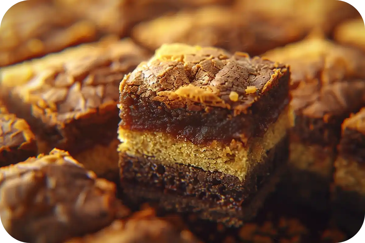 A freshly baked brookie with a gooey brownie layer and a golden cookie top, cut into squares