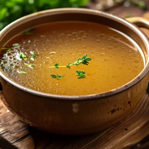 A rich, golden homemade bone broth simmering in a rustic pot with steam rising