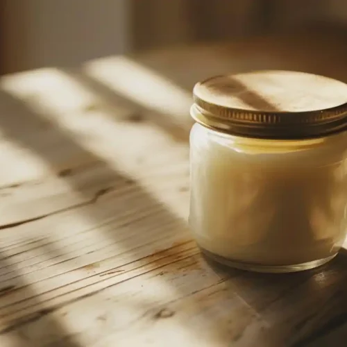 A glass jar filled with organic heavy cream on a rustic wooden table