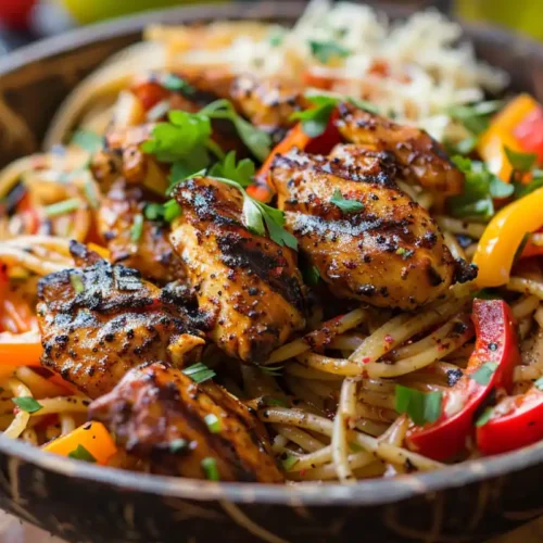 A creamy, colorful plate of Rasta Pasta with bell peppers, jerk seasoning, and a coconut milk sauce, garnished with fresh herbs