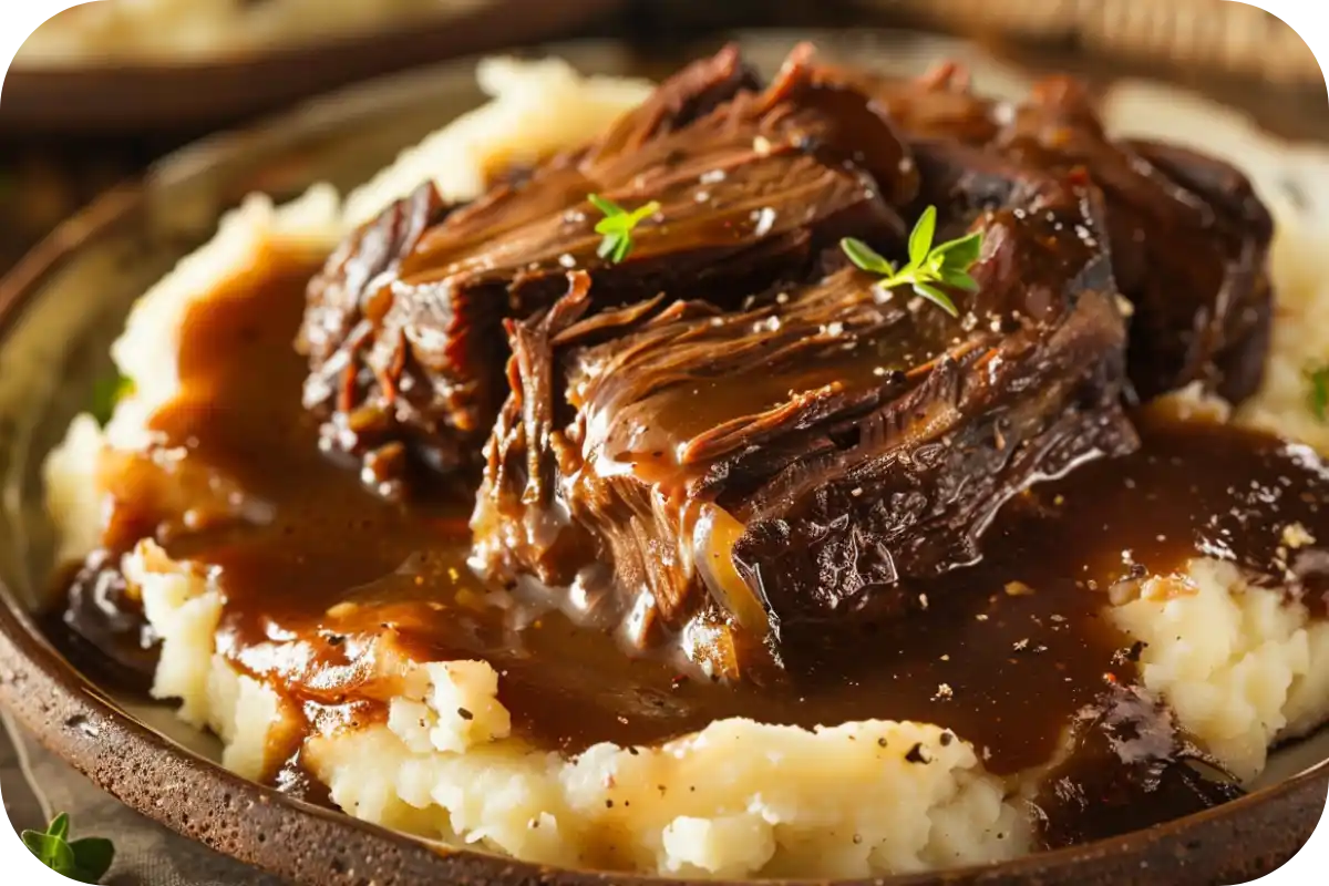 A plate of braised beef cheeks served with mashed potatoes and a rich sauce