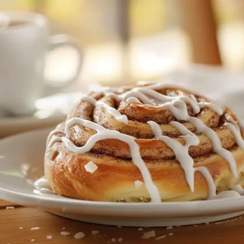 A batch of freshly baked cinnamon rolls covered in creamy frosting, placed on a rustic wooden table