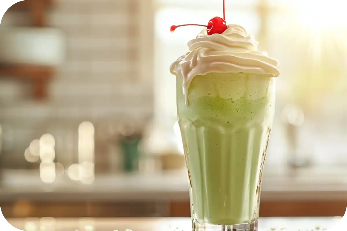 A creamy Shamrock Shake in a tall glass, topped with whipped cream and a cherry