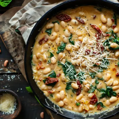 A creamy Tuscan white bean skillet in a rustic pan, garnished with fresh basil and Parmesan