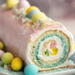 A festive Easter Cake Roll decorated with pastel-colored frosting, sprinkles, and mini chocolate eggs, revealing a colorful swirled sponge with a creamy filling