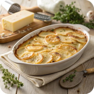 Golden-brown OG Rotten Potatoes layered with cheese and cream in a rustic baking dish